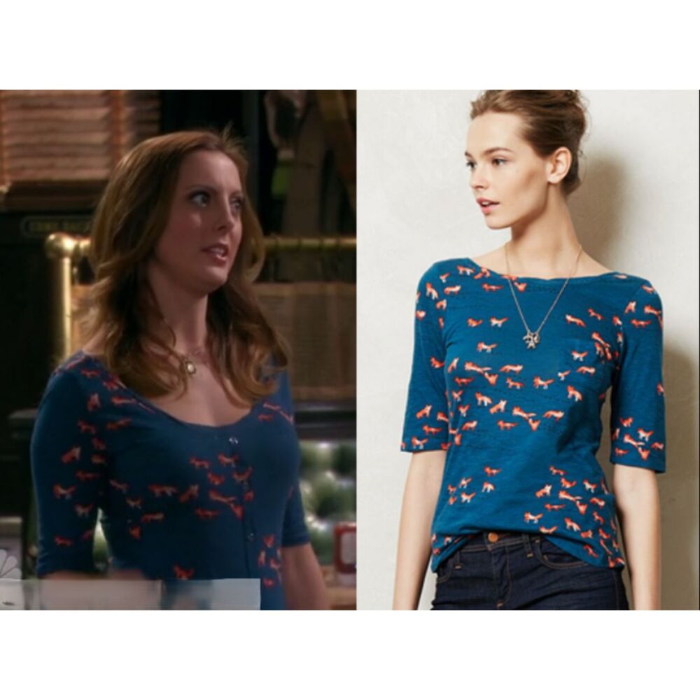 ASO Switched At Birth Anthropologie Teal Fox Print Button Back Pocket Top Sz M